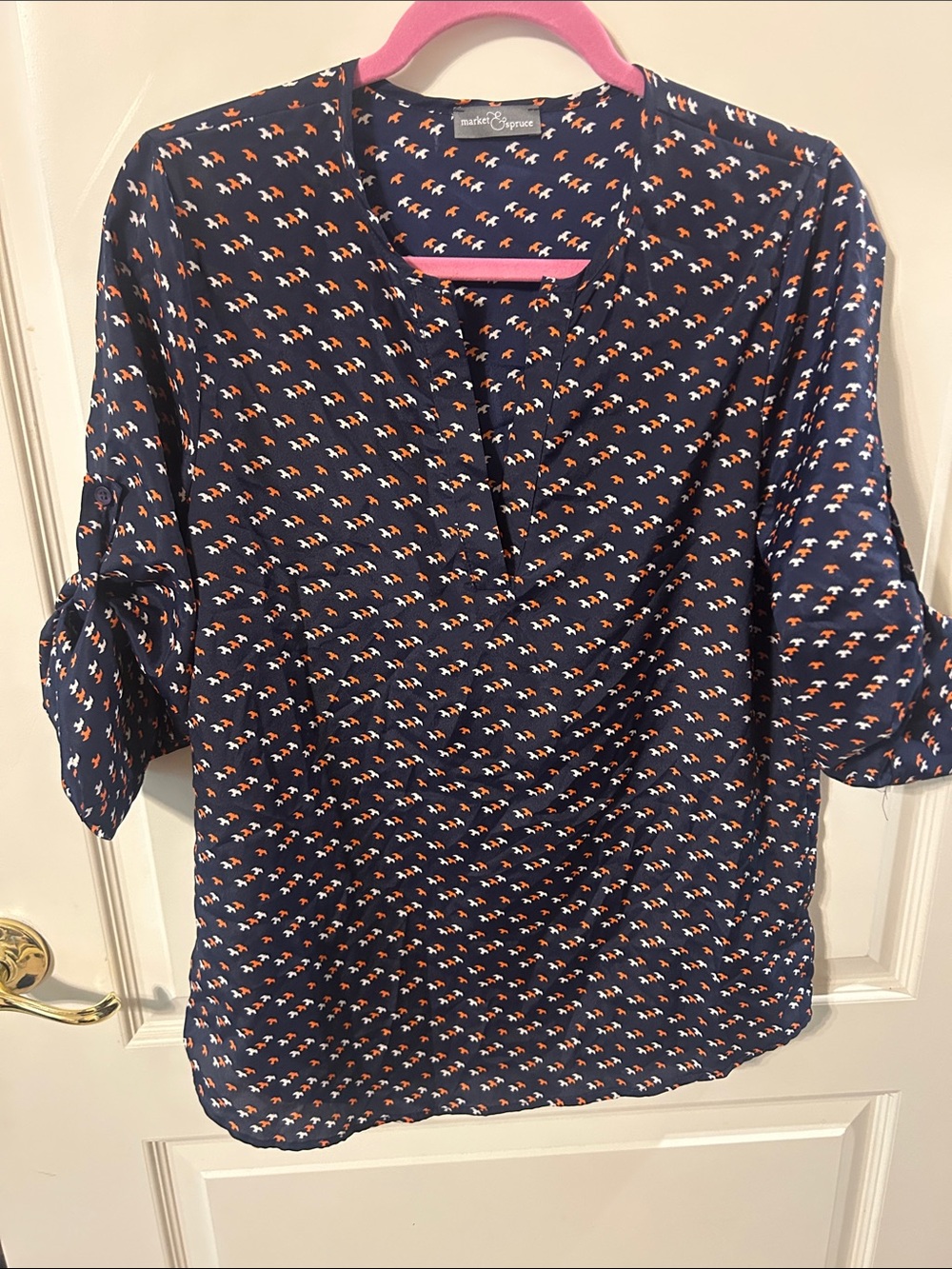 Market and Spruce Navy Blouse with Pink & white Print